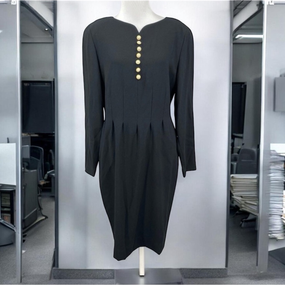 Liz Claiborne Vintage Black Crepe Sheath Dress Faux Pearl Buttons Size 10 1990s